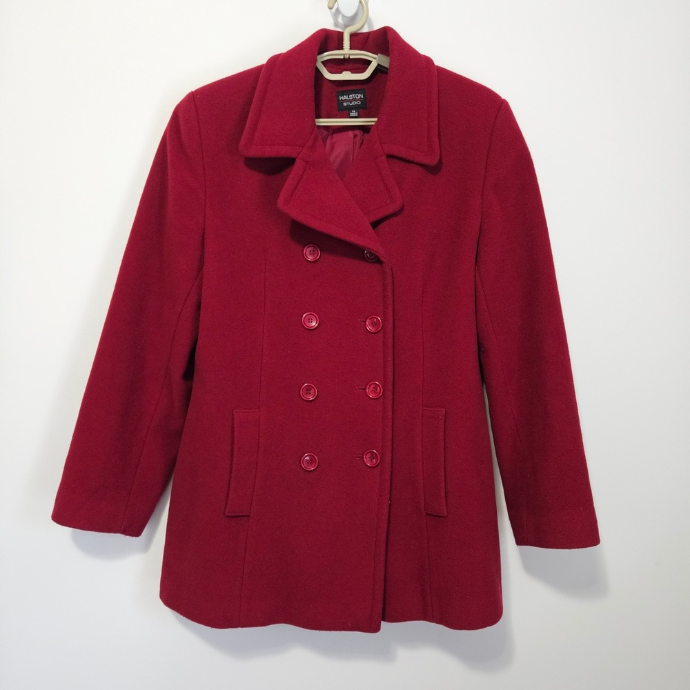 Halston Wool Cashmere Blend Double Breasted Pea Coat 14 Red Holiday Dress Formal